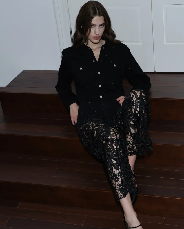 Black High Rise Wide Leg Jeans with Lace Spliced