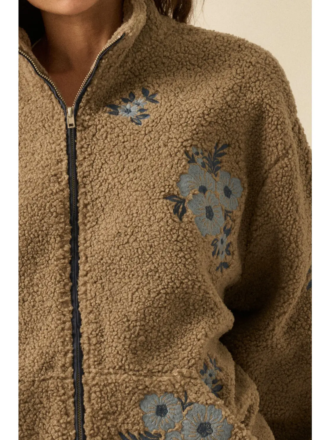 Floral-Embroidered Sherpa Fleece Zip-Up Jacket