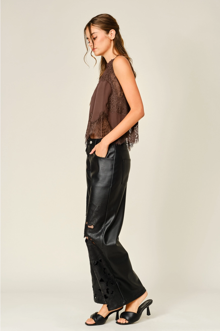 Vegan Leather Floral Cutout Wide Pants