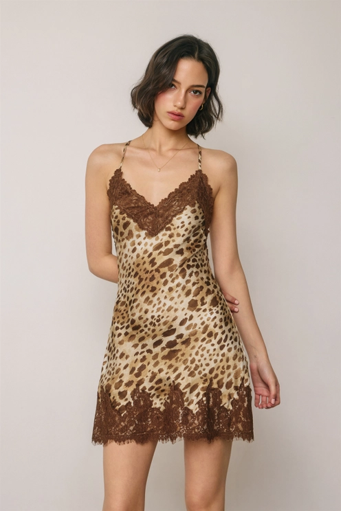 Animal Print Lace Trim Mini Dress