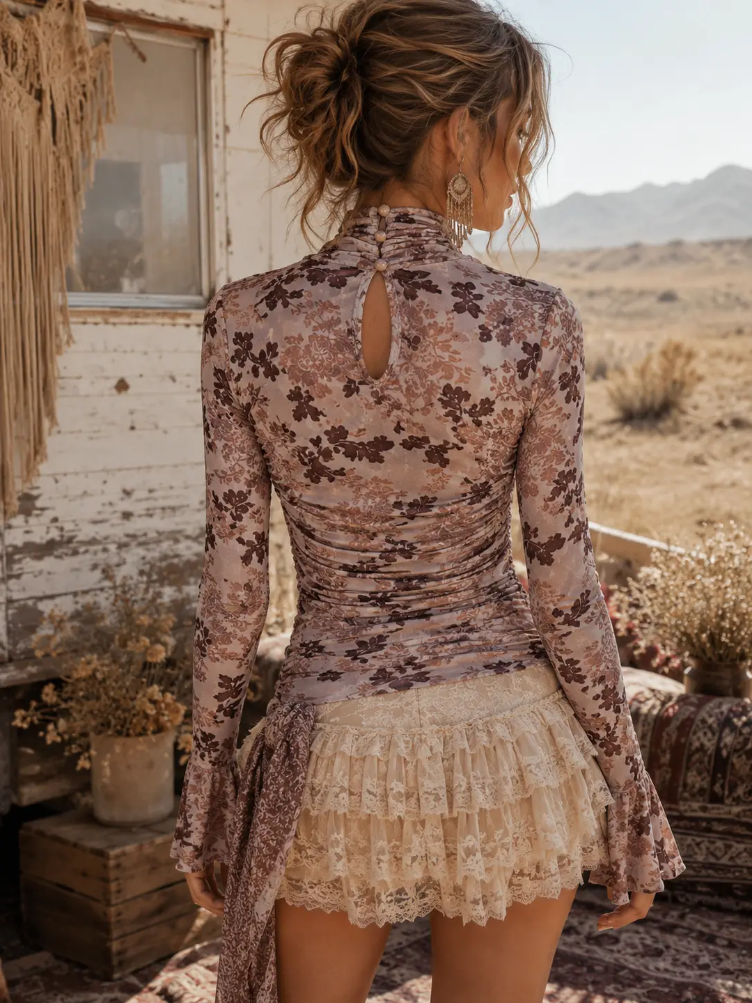 Floral Mesh Ruched Mock Neck Top