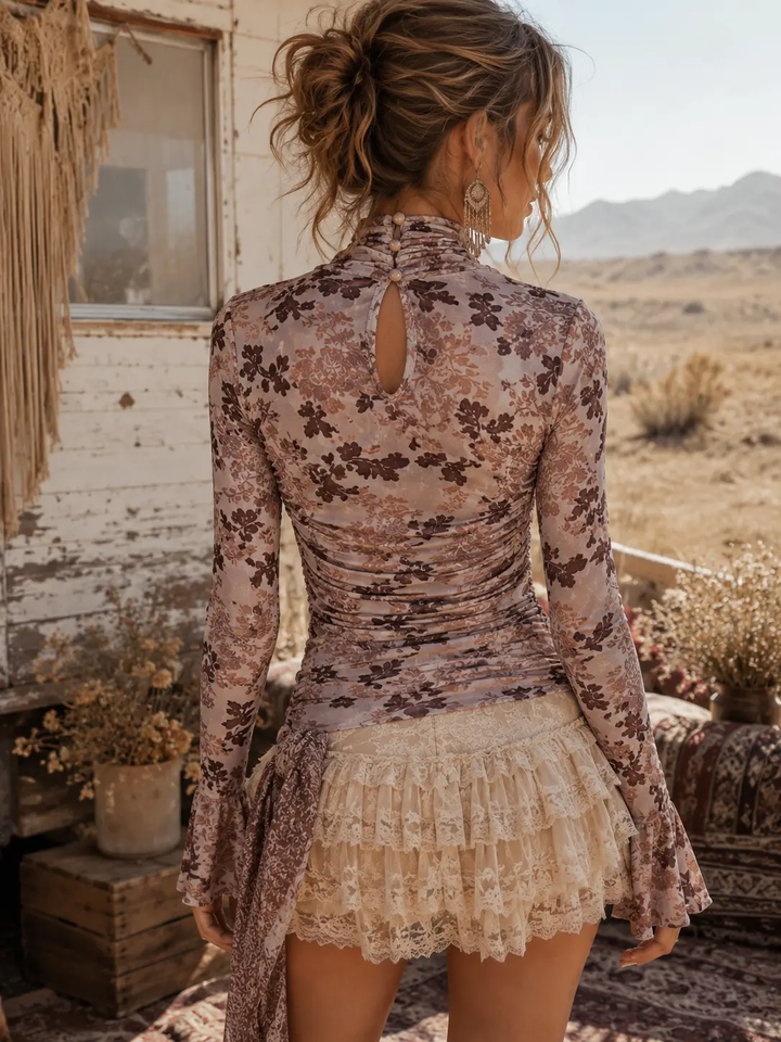 Floral Mesh Ruched Mock Neck Top