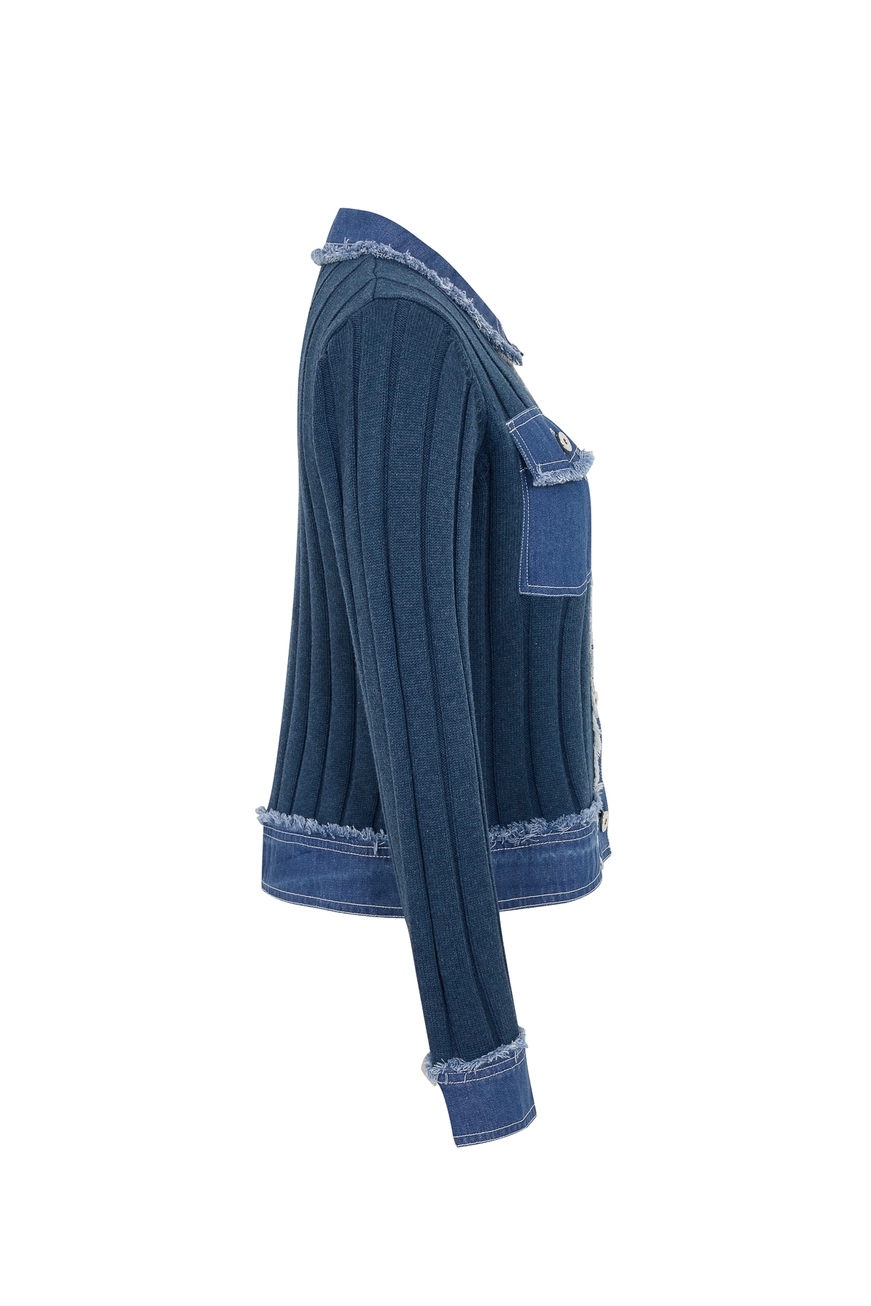 Rib Knit Denim Look Jacket with Contrast