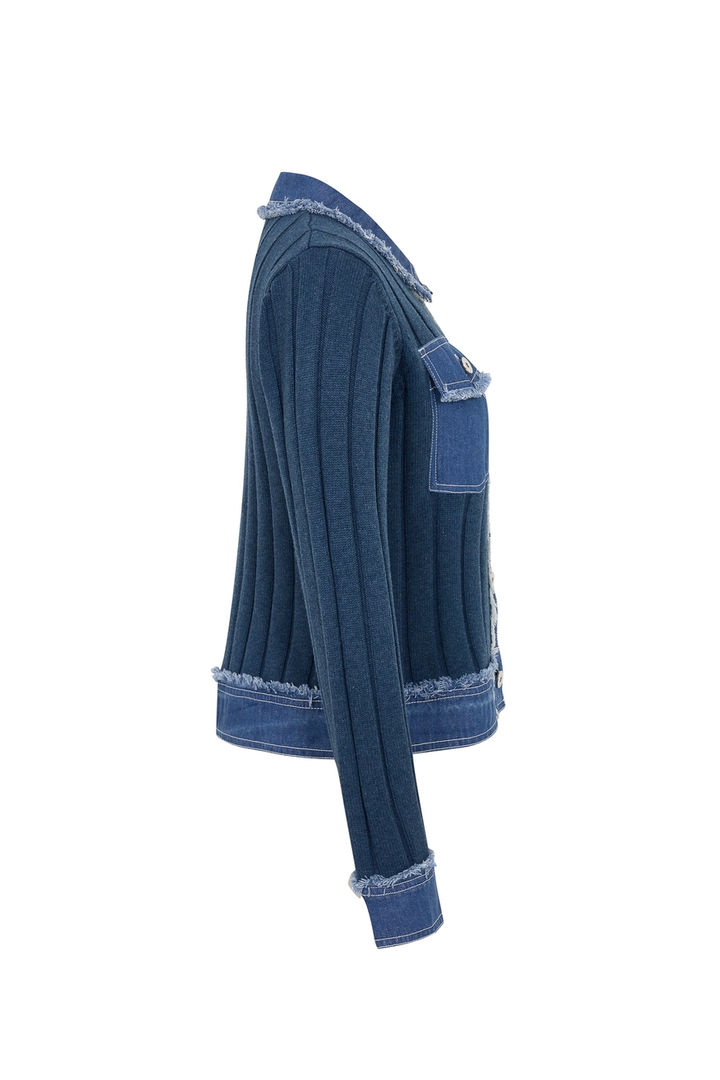 Rib Knit Denim Look Jacket with Contrast