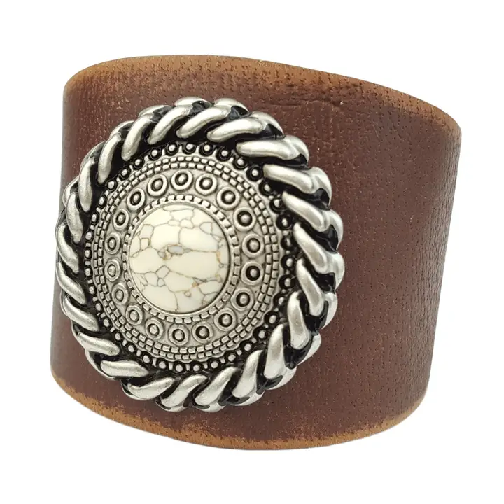Genuine Distressed Leather Cuff with Round Concho