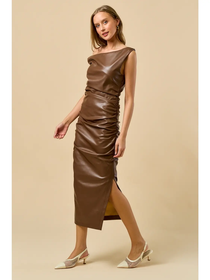 Pu Midi One Shoulder Dress