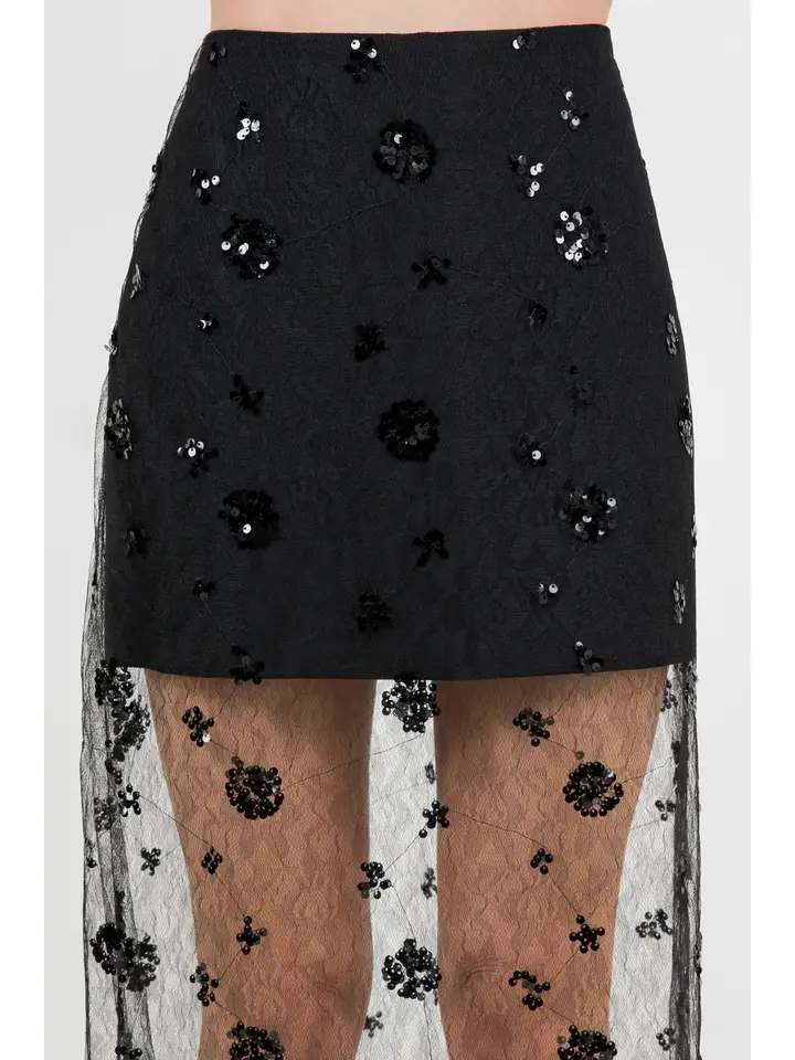 Semi Sheer Sequined Lace Midi Skirt