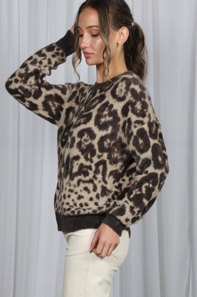 Leopard Fluffy Crewneck Fuzzy Sweater