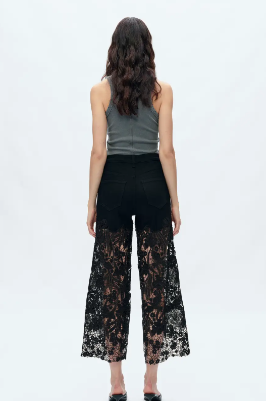 Black High Rise Wide Leg Jeans with Lace Spliced