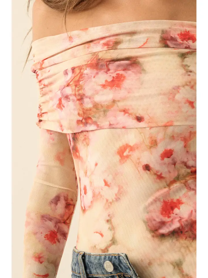 Floral Mesh Off-Shoulder Foldover Bodysuit