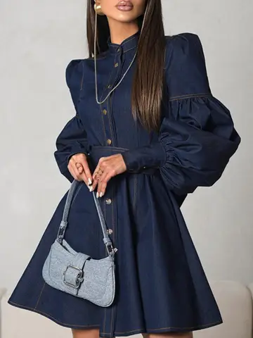 Button Down Puff Sleeve Denim Dress