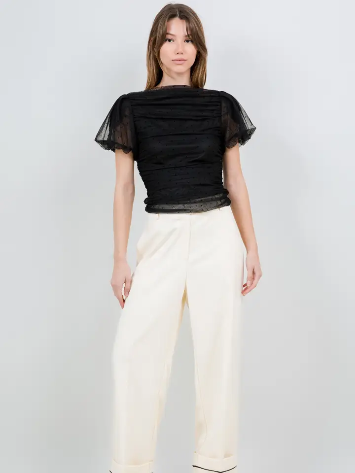 Mesh Polka Dot Shirring Top with Shoulder Padding