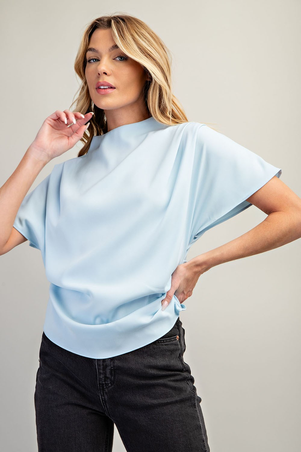 Nina Mock Neck Pleated Shoulder Top (available in sky only)