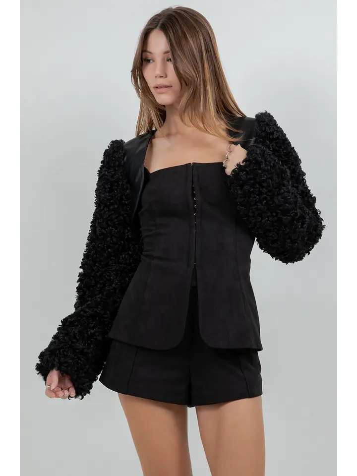 Pu + Sherpa Combo Bolero Moto Jacket