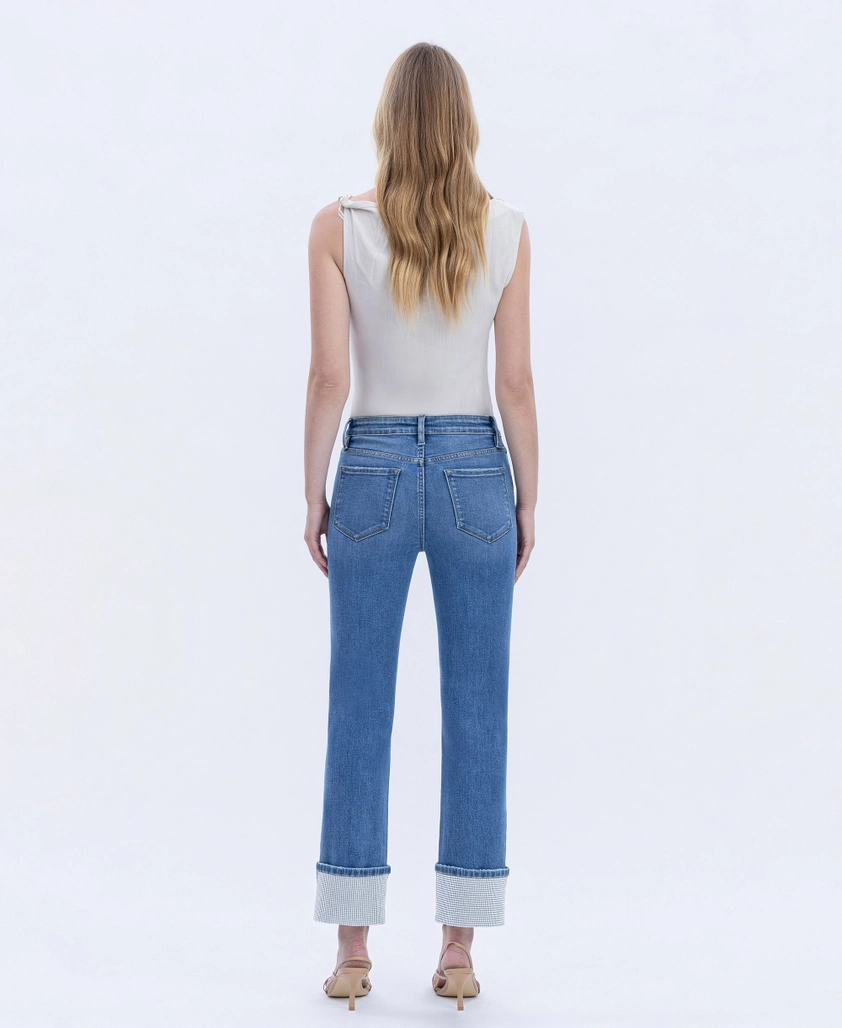 High Rise Rhinestone Cuffed Slim Straight Jeans