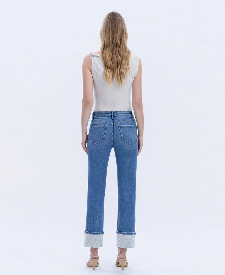 High Rise Rhinestone Cuffed Slim Straight Jeans