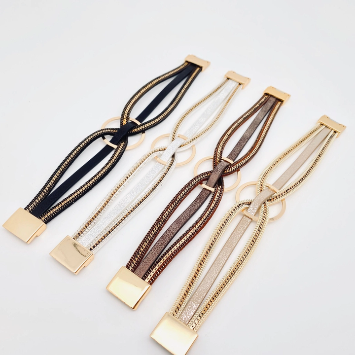 Magnetic Buckle Ring Charm Leather Bangle Bracelet(Beige only)