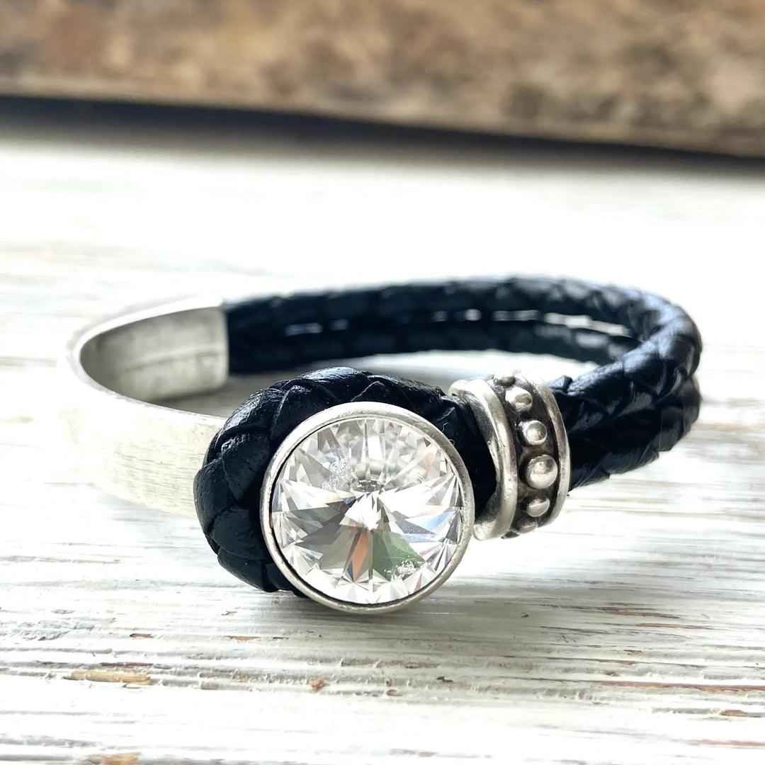Leather Bracelet Cuff with Swarovski Crystal - Beciga